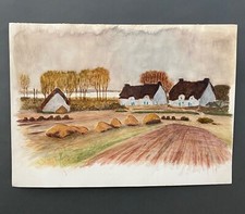 Aquarelle sur papier paysage de campagne bottes de foin XXe H6324