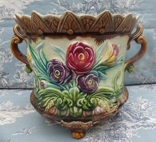 Ancien Gros Cache Pot Barbotine Majolica état d'usage bien pour Décoration 18,5c