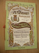 ABSINTHE PRIX COURANT DE LA DISTILLERIE A. VICHET PONTARLIER 1900