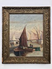 SUPERBE ancien TABLEAU PEINTURE sur BOIS MARINE PORT BRETON PÊCHEURS VOILIERS