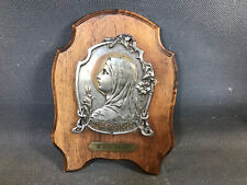 Ancien objet religieux icone Vierge Marie plaque métal sur bois Ave Maria 1947