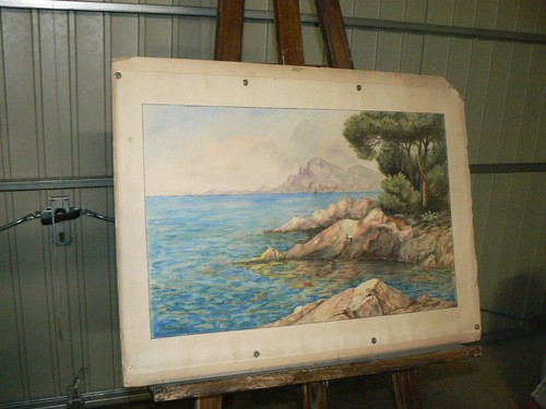 Ancienne aquarelle vue mer - ancienne,