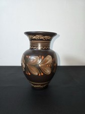 Vase terre cuite peint main fleurs orange/brun – signé – folk art vintage