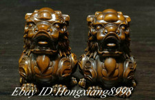 China Boxwood Wood Hand Carved Fengshui Foo Fu Dog Guardion Lion Statue Pair