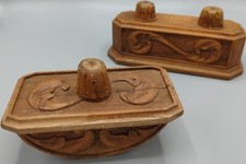 ?Ensemble encrier et presse buvard d'encre en bois sculpté main, Vintage