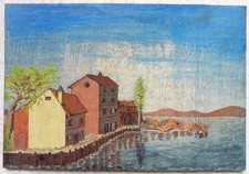 Tableau Ancien Art Naïf Paysage Mer Montagne Signature