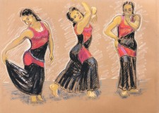 Grand Dessin Original Pastel Danseuse Gitane Danse Femme Robe #17