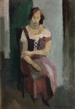 Robert SIMON, 1888-1961.Jeune fille assise,1942.Huile/panneau.SBD. 28x20.Cadre