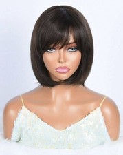 Perruque Naturelle Humains Brun Foncé Frange 20cm Coiffure Femme 200% +1 Bonnet