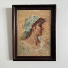 Huile sur Isorel portrait de jeune fille au foulard bleu monogramme MP A5640