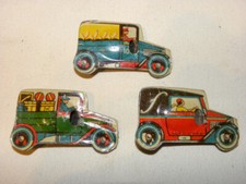 3 JOUET SIFFLET EN TOLE VINTAGE TIN PENNY TOY LITHO CAR & TRUCK WHISTLE GERMANY