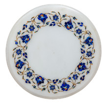 12 " Marbre Blanc Coin Table Top Lapis Lazuli Inlay Floral Artisanat Travail