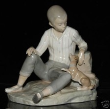 large vintage Lladro Porcelain boy dog puppy group Figurine Genre  decor 