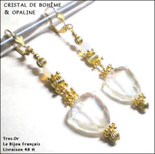 Cristal de Bohême & Opaline Boucles d'Oreille Neuves Bijou Français Blanc & Or.
