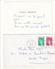 Autographe carte et enveloppe écrites à la main par Alain Decaux historien