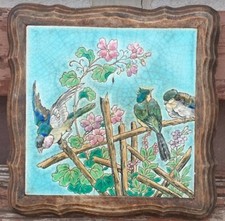 Ancien dessous de plat,en émaux de Longwy / décor Oiseaux...