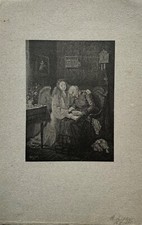 Lithographie Portrait Intérieur Vieille Femme Avec Ange 1904 Signé