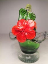 Panier en verre soufflé vintage Murano, fleur, vert ,rouge