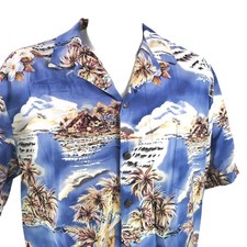 Hilo Hattie Hawaïen Aloha Chemise XL Floral Palmiers Ukuleles Pâle Bleu Marron