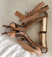 Sandales cuir marron naturel tong bride talon haut carré laminé doré ZARA 38