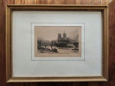 GRAVURE ORIGINALE CHARLES PINET NOTRE DAME DE PARIS VUE PONT TOURNELLE ENCADRÉE