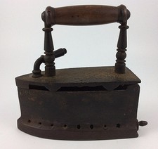 Antique cast iron sadiron Ornate sad iron acorn wooden handle coal 