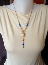 Collier égyptien scarabée doré, cristal bleu ou topaze, bijou oriental