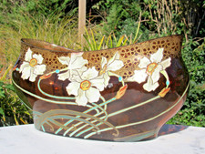 1900 - Jardinière en verre émaillé LEGRAS - Décor de fleurs Narcisse - 30 cm