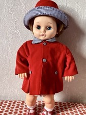 MANTEAU ET CHAPEAU Poupée Gégé Ou Autres ,Velours Rouge/Pied-de-poule Bleu/blanc