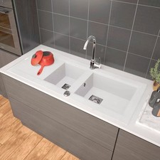 Evier de cuisine à encaster 1 cuve et demi bac en résine minérale Blanc 98 x 50