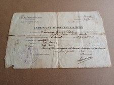 Certificat de présence à bord 1930 navire Armateur La Rochelle Delmas Vieljeux