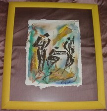 Technique mixte aquarelle & collages " jazz band / 3 musiciens " cadre jaune