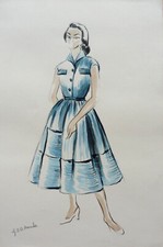 DESSIN DE MODE LA ROBE BLEUE GOUACHE SIGNE DE 1956 (3)