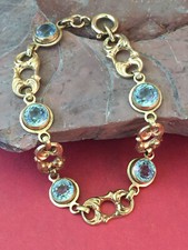 ANCIEN VINTAGE BRACELET EN PLAQUE OR ET CRISTAL STYLE AIGUE MARINE