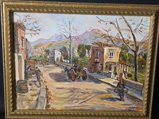 Tableau huile paysage vue de village animé signé XXème 