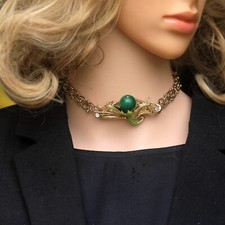Collier Ras du Cou Bijoux Cheveux Fleur Email Vert Perle Jade Art Nouveau XZ16