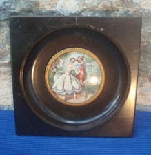 V65 Petit Cadre Bois Peinture Miniature Peint Main Signée Couple Danseurs