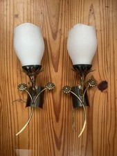 Paire Applique Lampe Laiton Opaline Vintage 60