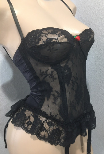 Vtg black lace garter corset - garter,