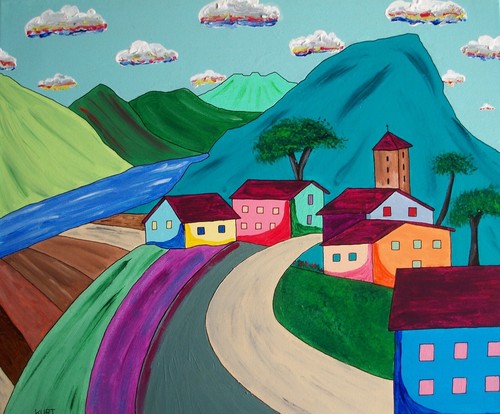 Tableau naif village - village, de