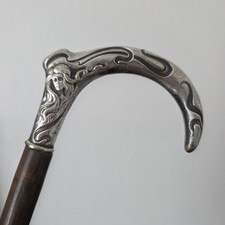 Pommeau de Canne Ombrelle Art Nouveau 1900 Femme Signé Métal Argenté Jugendstil 