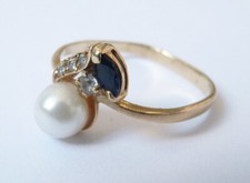Bague ancienne OR massif 14k + pierres + perle Bijou ancien pearl gold ring 