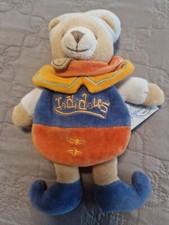 Doudou et compagnie OURS indidou bleu orange jaune accroche tetine 19cm cape