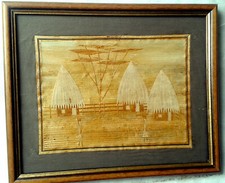 Tableau ethnique VILLAGE AFRICAIN COLLAGE VÉGÉTAL sur TOILE cadre 32 x 39 cm