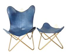 Fauteuil D'Accent Papillon En Cuir De Buffle Fait Main Avec Pouf Pliant