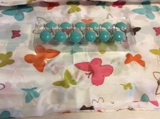Butterfly Butterflies 13pc Set Aqua Pink White Fabric Shower Curtain + Hooks NEW