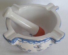 MORTIER + PILON Véritable Faïence signée de MOUSTIERS Décor Oiseau IBIS + Fleurs