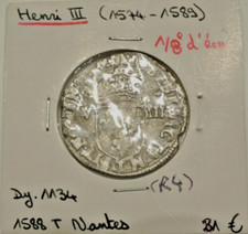 HENRI III 1/8 ECU 1588 T = NANTES ( R4) RARE