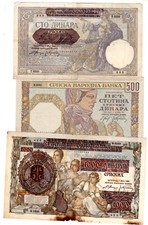 LOT SET SERIE 3 BILLETS Serbie SERBIA YOUGOSLAVIE 100 500 1000 DINARA 1941 WWII