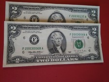 US 2 dollar bills unique low serial nos. Bday yr 2003 0068, 2003 01377